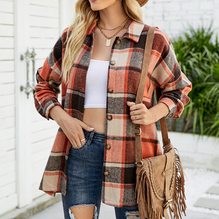 Women's casual plaid long-sleeved shirt fall and winter models buttons tweed thin jacket with pockets casual tops