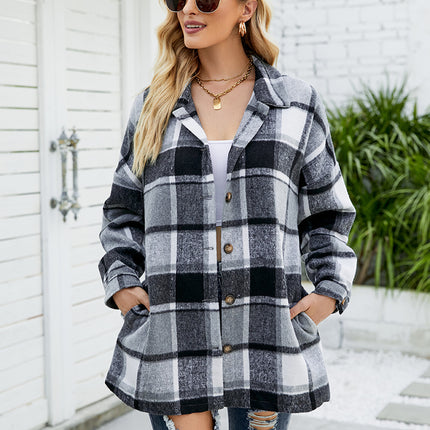 Women's casual plaid long-sleeved shirt fall and winter models buttons tweed thin jacket with pockets casual tops