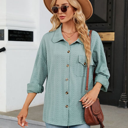 Women's Spring and Autumn Cardigan Plain Casual Jacket Button Down Shirt Solid Color Lapel Loose Top