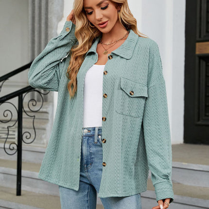 Women's Spring and Autumn Cardigan Plain Casual Jacket Button Down Shirt Solid Color Lapel Loose Top