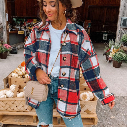 Women's casual plaid long-sleeved shirt fall and winter models buttons tweed thin jacket with pockets casual tops