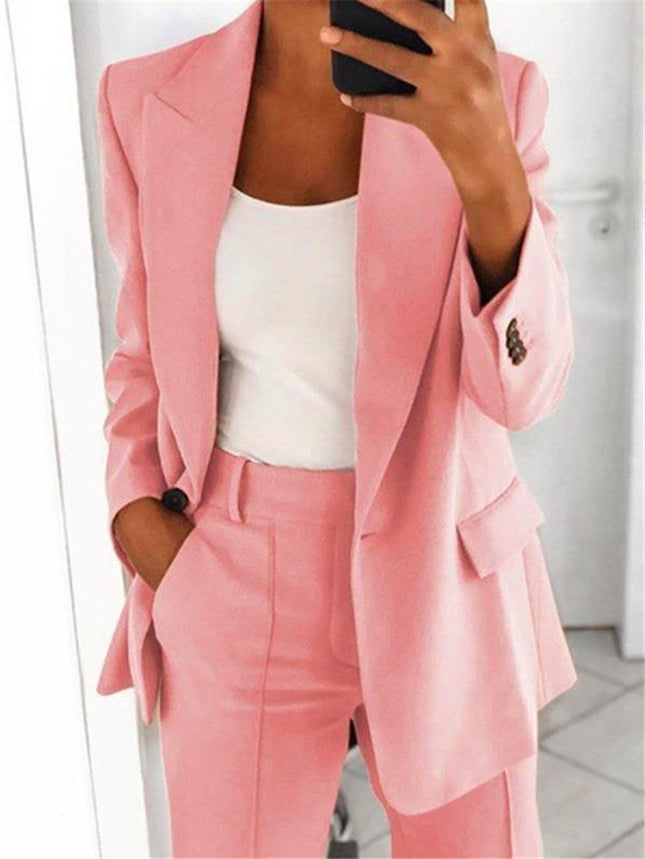 Fashion Jacket Women Fashion Button Long Sleeve Slim Suit Jacket Pure Color Lapel Temperament Cardigan Top Set