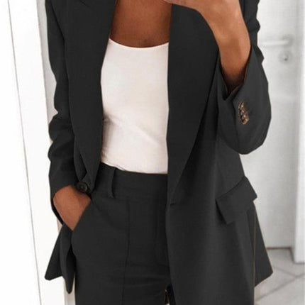 Fashion Jacket Women Fashion Button Long Sleeve Slim Suit Jacket Pure Color Lapel Temperament Cardigan Top Set