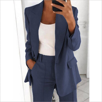 Fashion Jacket Women Fashion Button Long Sleeve Slim Suit Jacket Pure Color Lapel Temperament Cardigan Top Set 1