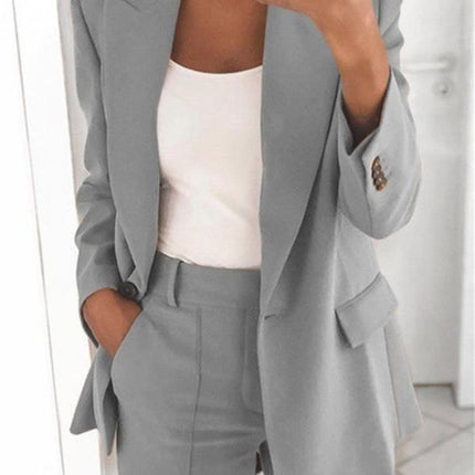 Fashion Jacket Women Fashion Button Long Sleeve Slim Suit Jacket Pure Color Lapel Temperament Cardigan Top Set