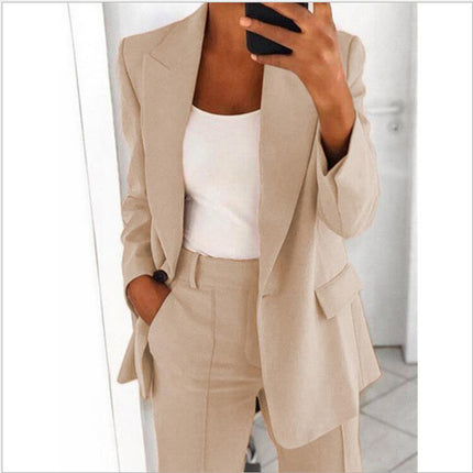 Fashion Jacket Women Fashion Button Long Sleeve Slim Suit Jacket Pure Color Lapel Temperament Cardigan Top Set 1