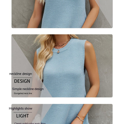 Spring and Autumn new women's solid color sleeveless round neck knit dress fashionable commuter split dresses