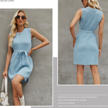 Spring and Autumn new women's solid color sleeveless round neck knit dress fashionable commuter split dresses