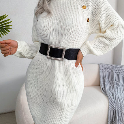 Women's Button High Collar Long Lantern Sleeve Sweater Dress Fall Winter Casual Ribbed Knit Pullover Dresses