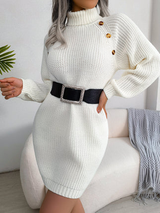 Women's Button High Collar Long Lantern Sleeve Sweater Dress Fall Winter Casual Ribbed Knit Pullover Dresses