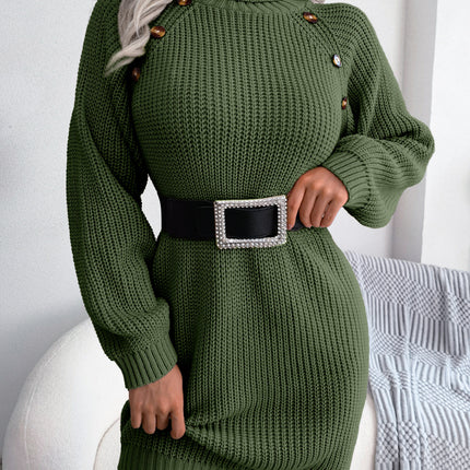 Women's Button High Collar Long Lantern Sleeve Sweater Dress Fall Winter Casual Ribbed Knit Pullover Dresses