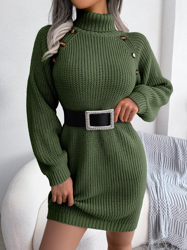 Women's Button High Collar Long Lantern Sleeve Sweater Dress Fall Winter Casual Ribbed Knit Pullover Dresses