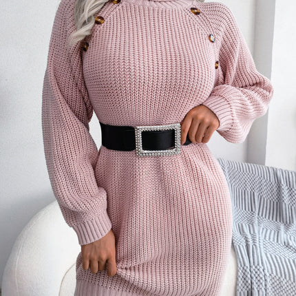 Women's Button High Collar Long Lantern Sleeve Sweater Dress Fall Winter Casual Ribbed Knit Pullover Dresses