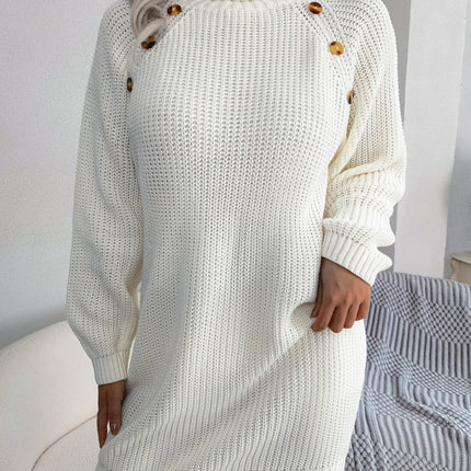 Women's Button High Collar Long Lantern Sleeve Sweater Dress Fall Winter Casual Ribbed Knit Pullover Dresses