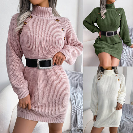 Women's Button High Collar Long Lantern Sleeve Sweater Dress Fall Winter Casual Ribbed Knit Pullover Dresses