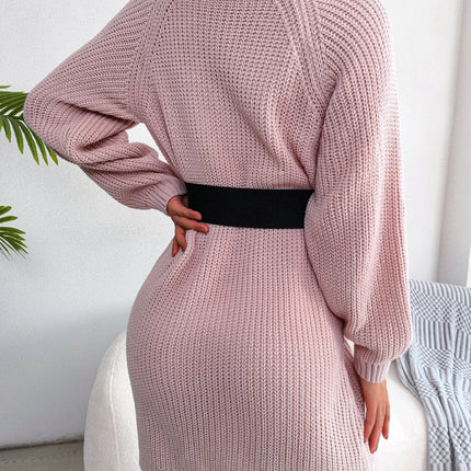 Women's Button High Collar Long Lantern Sleeve Sweater Dress Fall Winter Casual Ribbed Knit Pullover Dresses