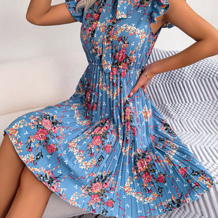 Women's Workwear Pleated Mini Dress Bow Tie Business Casual Office Dress Ruffle Sleeveless Floral A-Line Summer Dresses