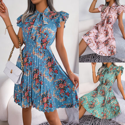 Women's Workwear Pleated Mini Dress Bow Tie Business Casual Office Dress Ruffle Sleeveless Floral A-Line Summer Dresses