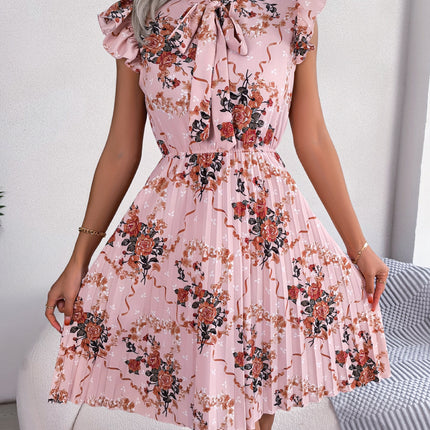 Women's Workwear Pleated Mini Dress Bow Tie Business Casual Office Dress Ruffle Sleeveless Floral A-Line Summer Dresses