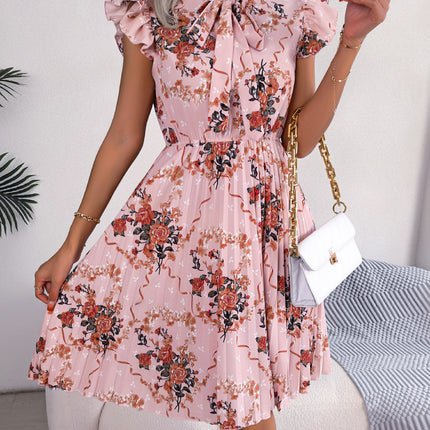 Women's Workwear Pleated Mini Dress Bow Tie Business Casual Office Dress Ruffle Sleeveless Floral A-Line Summer Dresses