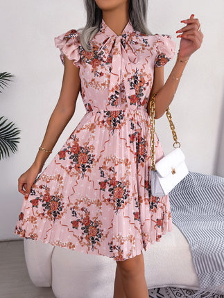 Women's Workwear Pleated Mini Dress Bow Tie Business Casual Office Dress Ruffle Sleeveless Floral A-Line Summer Dresses