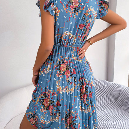 Women's Workwear Pleated Mini Dress Bow Tie Business Casual Office Dress Ruffle Sleeveless Floral A-Line Summer Dresses