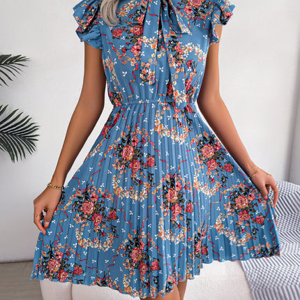 Women's Workwear Pleated Mini Dress Bow Tie Business Casual Office Dress Ruffle Sleeveless Floral A-Line Summer Dresses