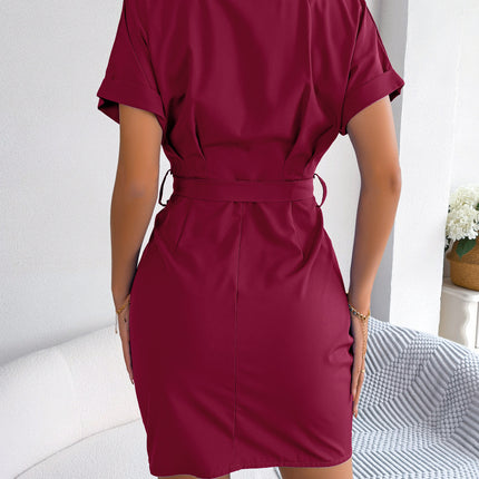 Women's Pleated Shirt Dress Casual Bow Tie Waist V Neck Women's Batwing Sleeve Lapel Buttoned Shirt Dress Ultra Short Dresses