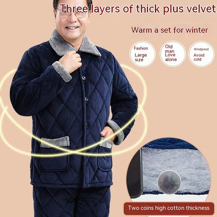 Winter Homewear Suit Winter Men's Pajamas Long-Sleeved Three-Layer Thickened Warm Quilted