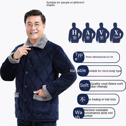 Winter Homewear Suit Winter Men's Pajamas Long-Sleeved Three-Layer Thickened Warm Quilted