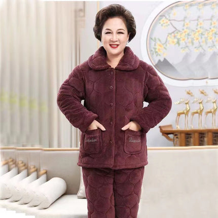 Autumn and winter women's laminated cotton pajamas set of three layers of thickened quilted pajamas women's padded warm