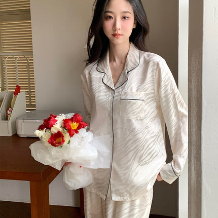 Ice silk thin section of women's pajamas long-sleeved tops and bottoms long pants set of comfortable homewear spring and autumn models