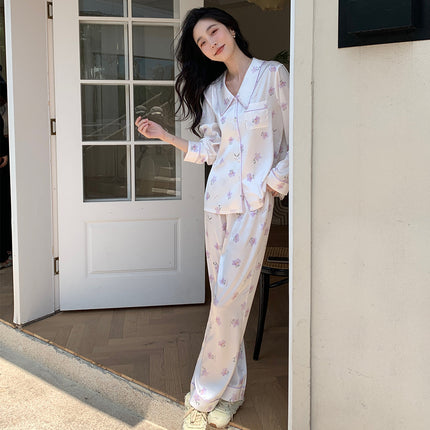 Magnolia flowers ice silk pajamas women's long-sleeved long pants set of homewear two-piece spring, fall and summer