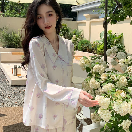 Magnolia flowers ice silk pajamas women's long-sleeved long pants set of homewear two-piece spring, fall and summer