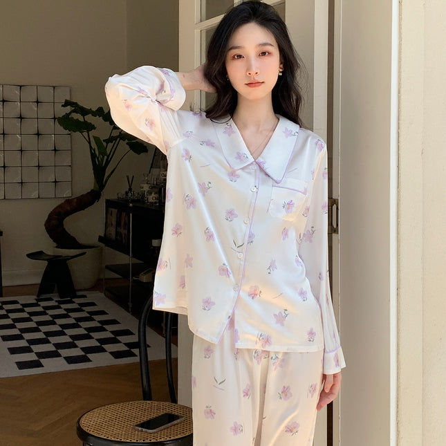 Magnolia flowers ice silk pajamas women's long-sleeved long pants set of homewear two-piece spring, fall and summer