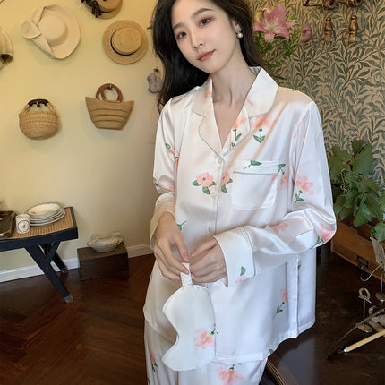 Flower ice silk pajamas women's long-sleeved long pants set of homewear two-piece spring, fall and summer clothing