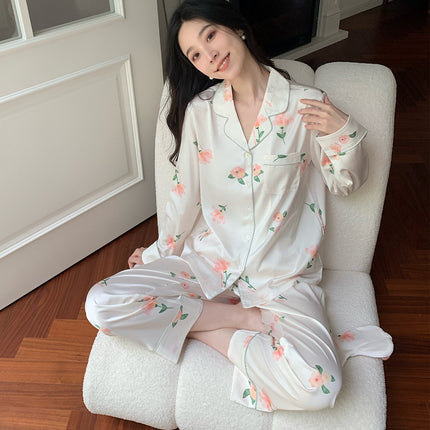 Flower ice silk pajamas women's long-sleeved long pants set of homewear two-piece spring, fall and summer clothing