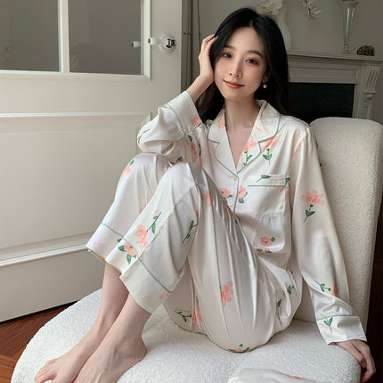 Flower ice silk pajamas women's long-sleeved long pants set of homewear two-piece spring, fall and summer clothing