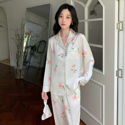 Flower ice silk pajamas women's long-sleeved long pants set of homewear two-piece spring, fall and summer clothing