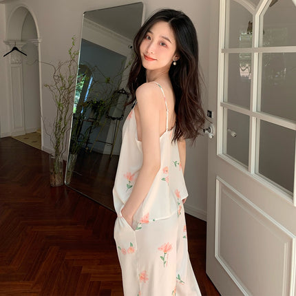 Women's Pajamas Ice Silk Pajama Camisole Top Nightgown Nightgown Long Pants Robe Bathrobe Three Piece Spring, Fall and Summer Set