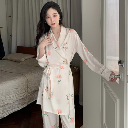 Women's Pajamas Ice Silk Pajama Camisole Top Nightgown Nightgown Long Pants Robe Bathrobe Three Piece Spring, Fall and Summer Set