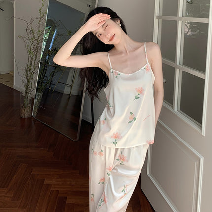 Women's Pajamas Ice Silk Pajama Camisole Top Nightgown Nightgown Long Pants Robe Bathrobe Three Piece Spring, Fall and Summer Set