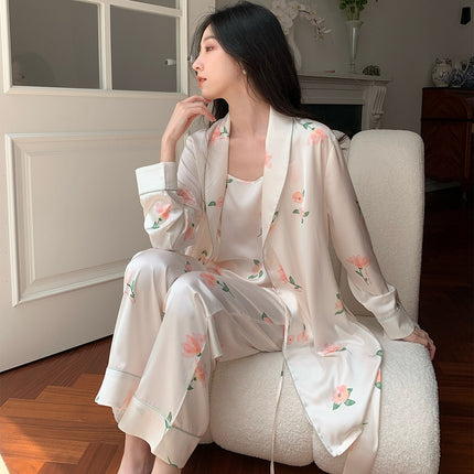 Women's Pajamas Ice Silk Pajama Camisole Top Nightgown Nightgown Long Pants Robe Bathrobe Three Piece Spring, Fall and Summer Set