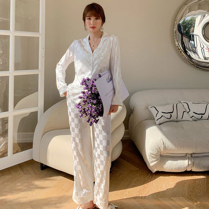 Women's pajamas set simulation silk long-sleeved long pants ice silk satin homewear suit spring and fall models