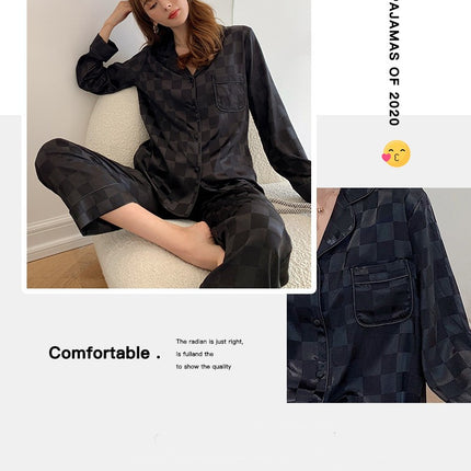 Women's pajamas set simulation silk long-sleeved long pants ice silk satin homewear suit spring and fall models