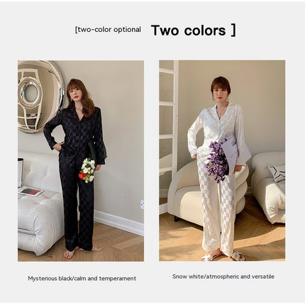 Women's pajamas set simulation silk long-sleeved long pants ice silk satin homewear suit spring and fall models