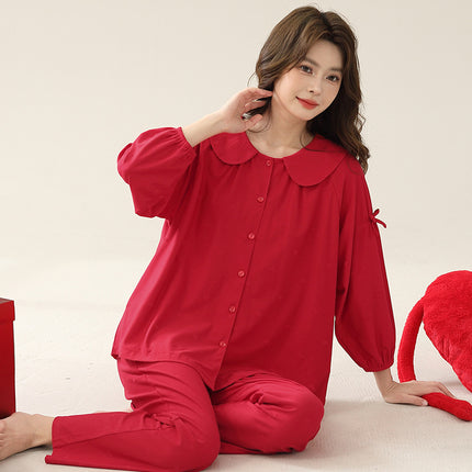 Red pajamas ladies long-sleeved long pants spring, autumn and winter cotton home wear red newlywed suit