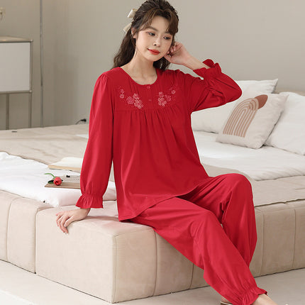 Red pajamas ladies long-sleeved long pants spring, autumn and winter cotton home wear red newlywed suit