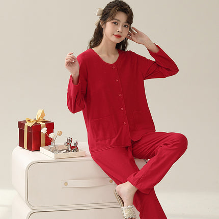 Red pajamas ladies long-sleeved long pants spring, autumn and winter cotton home wear red newlywed suit