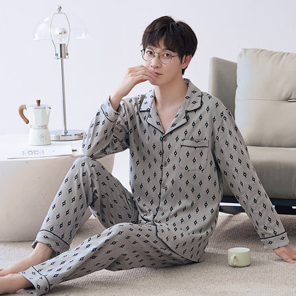 Men's cotton pajamas spring and fall models cardigan long-sleeved long pants suit teenage cotton home wear can be worn outside suit